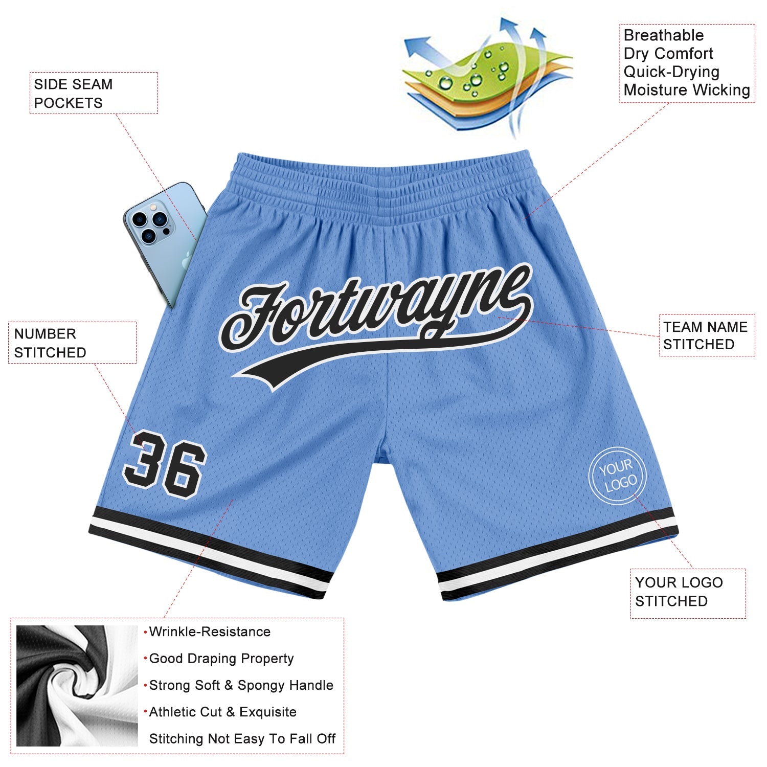 Custom Light Blue Black-White Authentic Throwback Basketball Shorts view 2