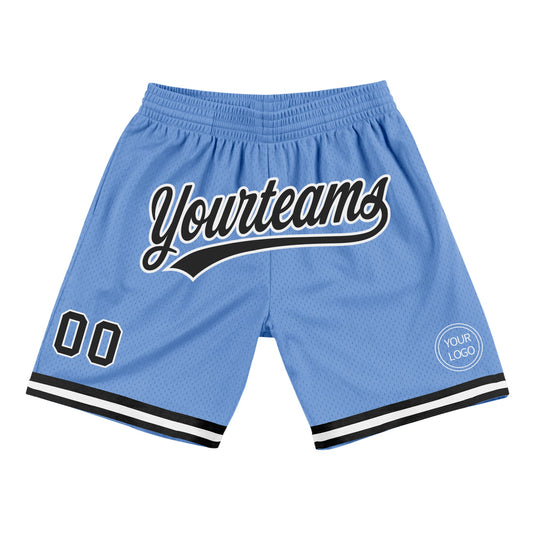 Custom Light Blue Black-White Authentic Throwback Basketball Shorts - Main View
