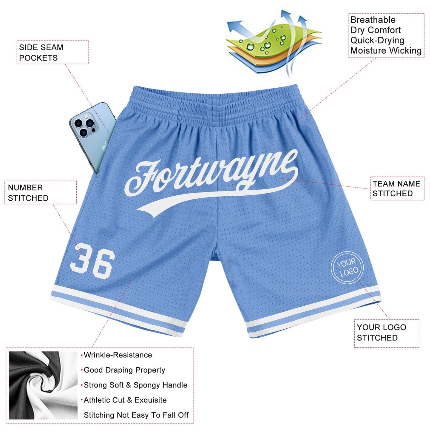Custom Light Blue White Authentic Throwback Basketball Shorts view 2