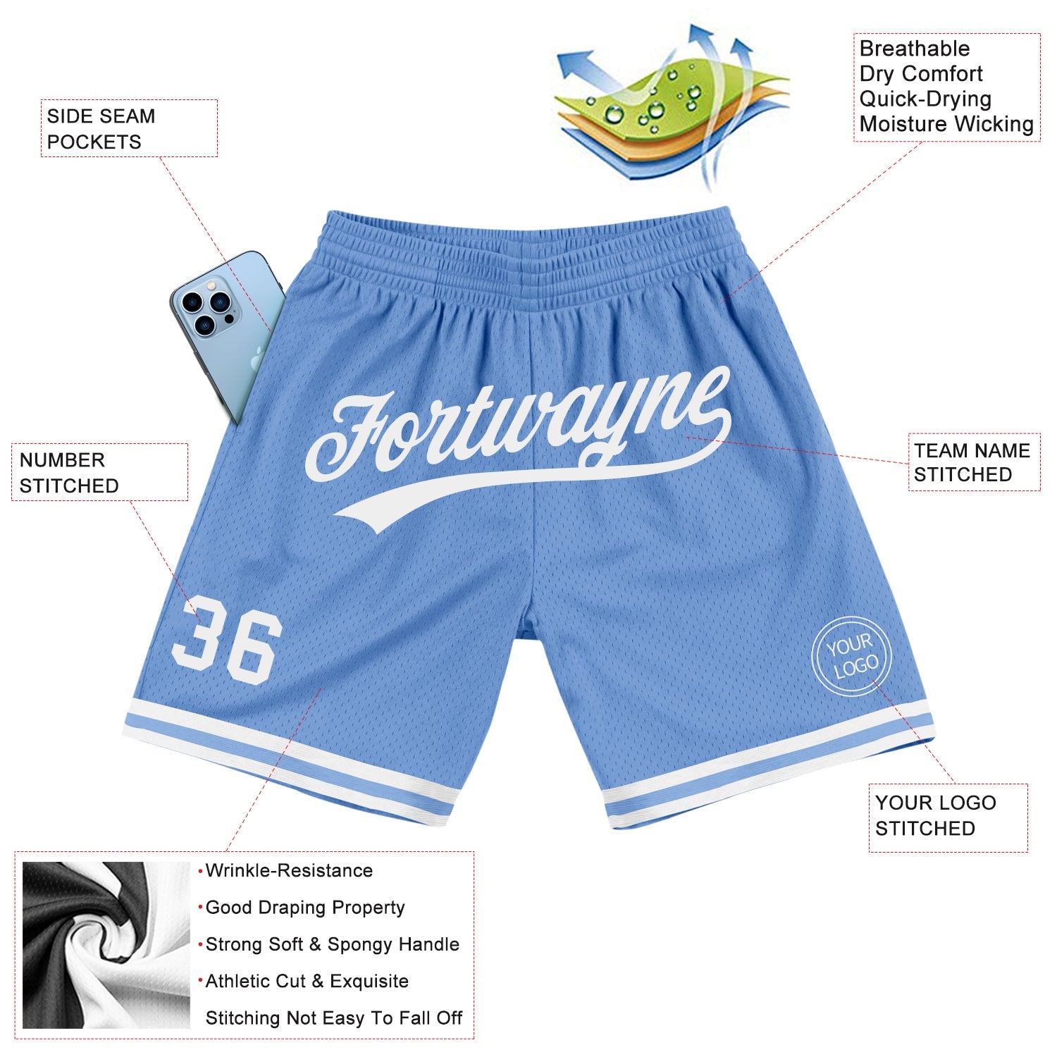 Custom Light Blue White Authentic Throwback Basketball Shorts view 2