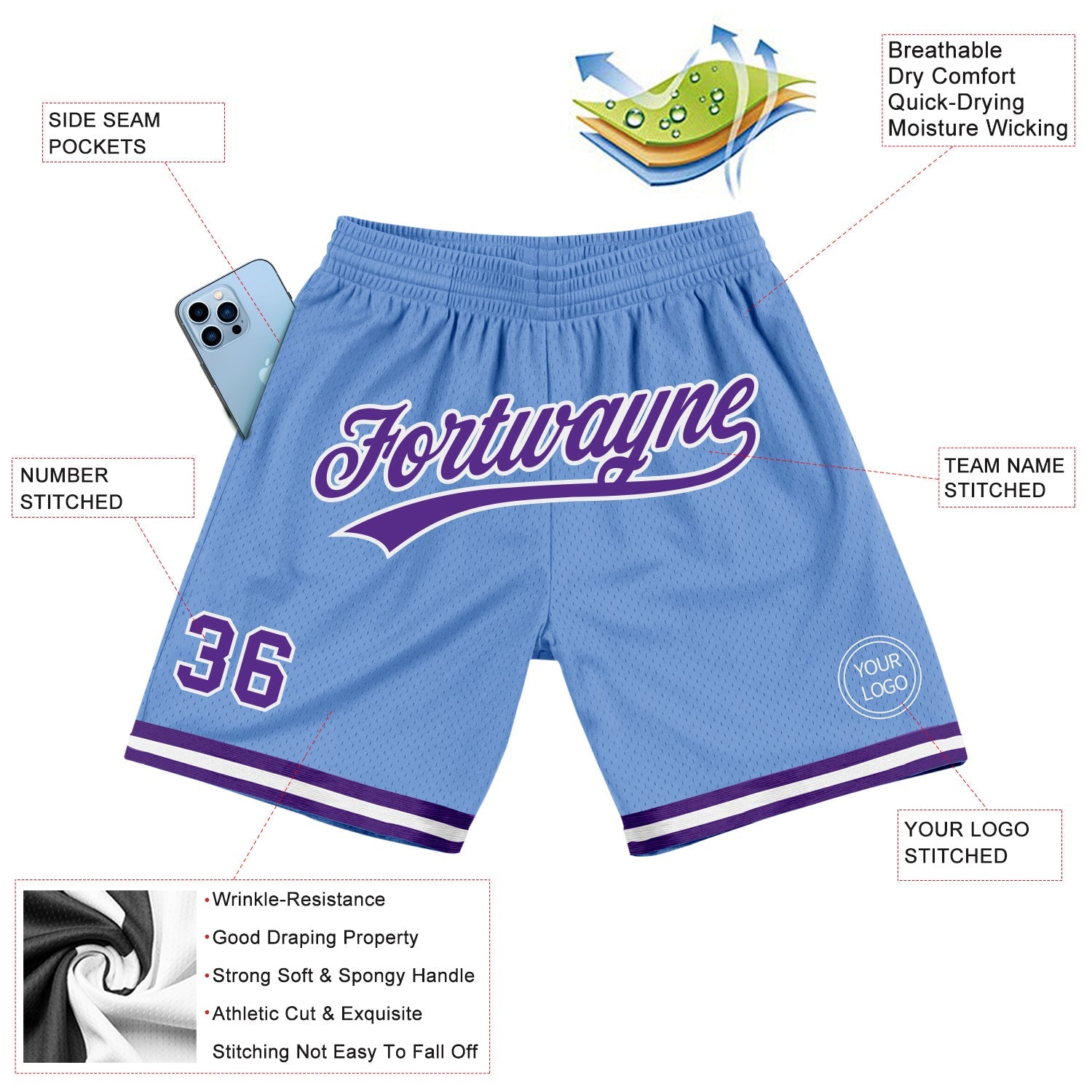 Custom Light Blue Purple-White Authentic Throwback Basketball Shorts view 2