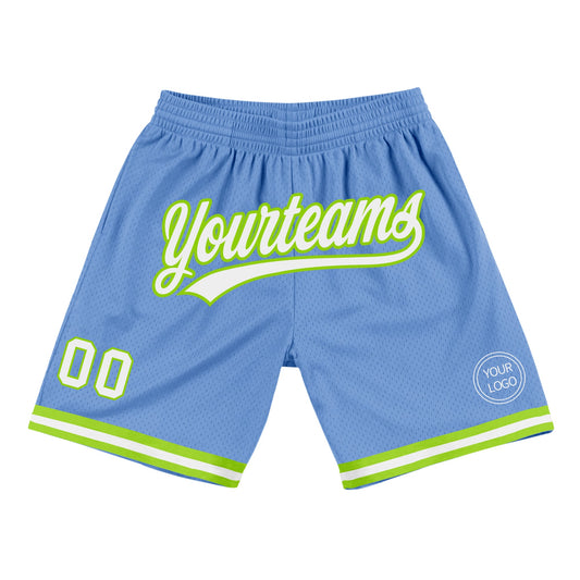 Custom Light Blue White-Neon Green Authentic Throwback Basketball Shorts - Main View