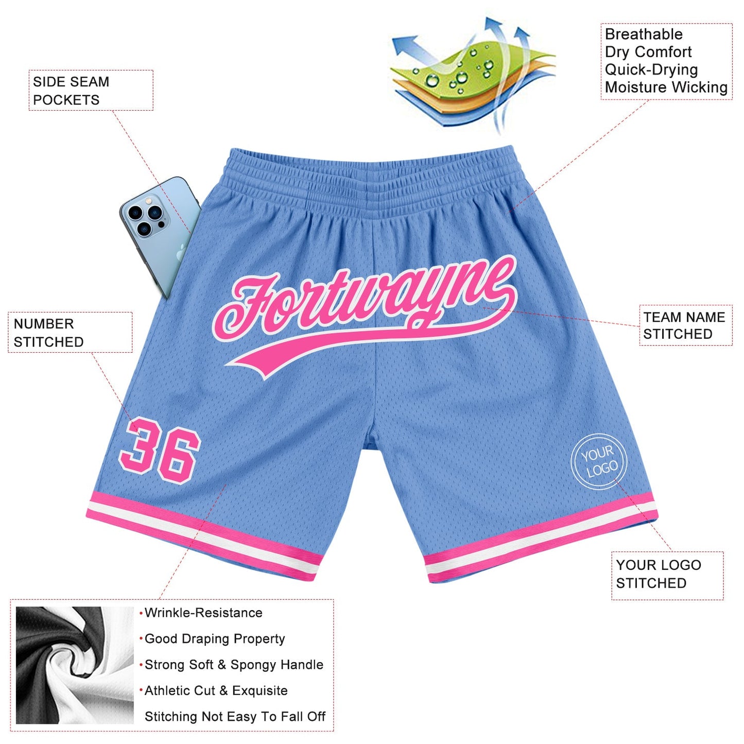 Custom Light Blue Pink-White Authentic Throwback Basketball Shorts view 2