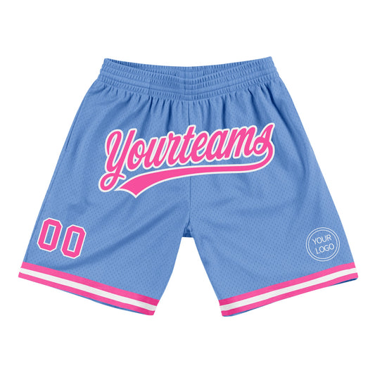 Custom Light Blue Pink-White Authentic Throwback Basketball Shorts - Main View