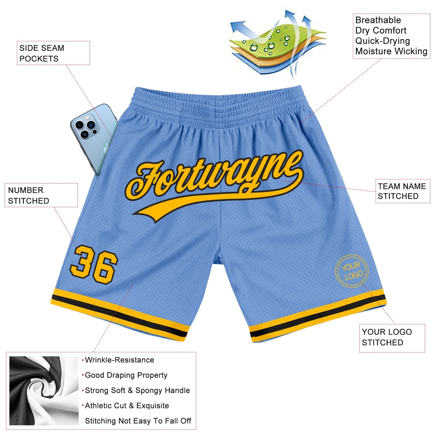 Custom Light Blue Gold-Black Authentic Throwback Basketball Shorts view 2