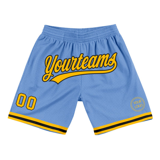 Custom Light Blue Gold-Black Authentic Throwback Basketball Shorts - Main View