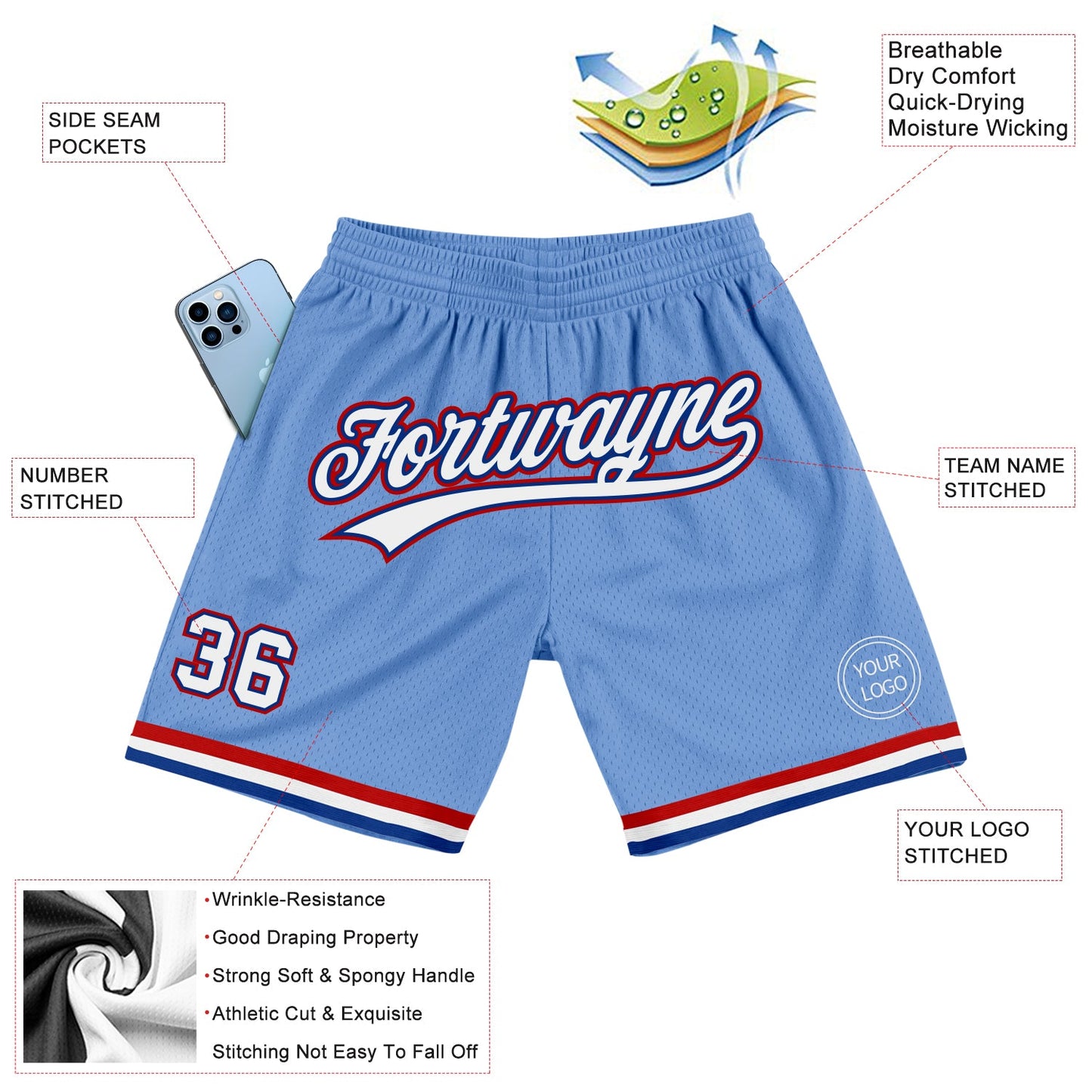 Custom Light Blue White Royal-Red Authentic Throwback Basketball Shorts view 2
