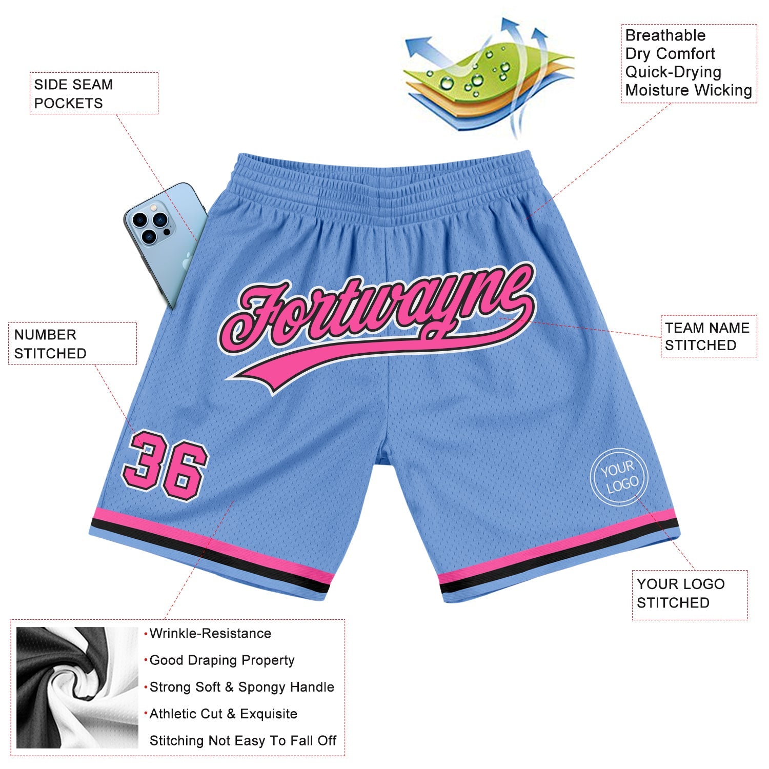 Custom Light Blue Pink-Black Authentic Throwback Basketball Shorts view 2