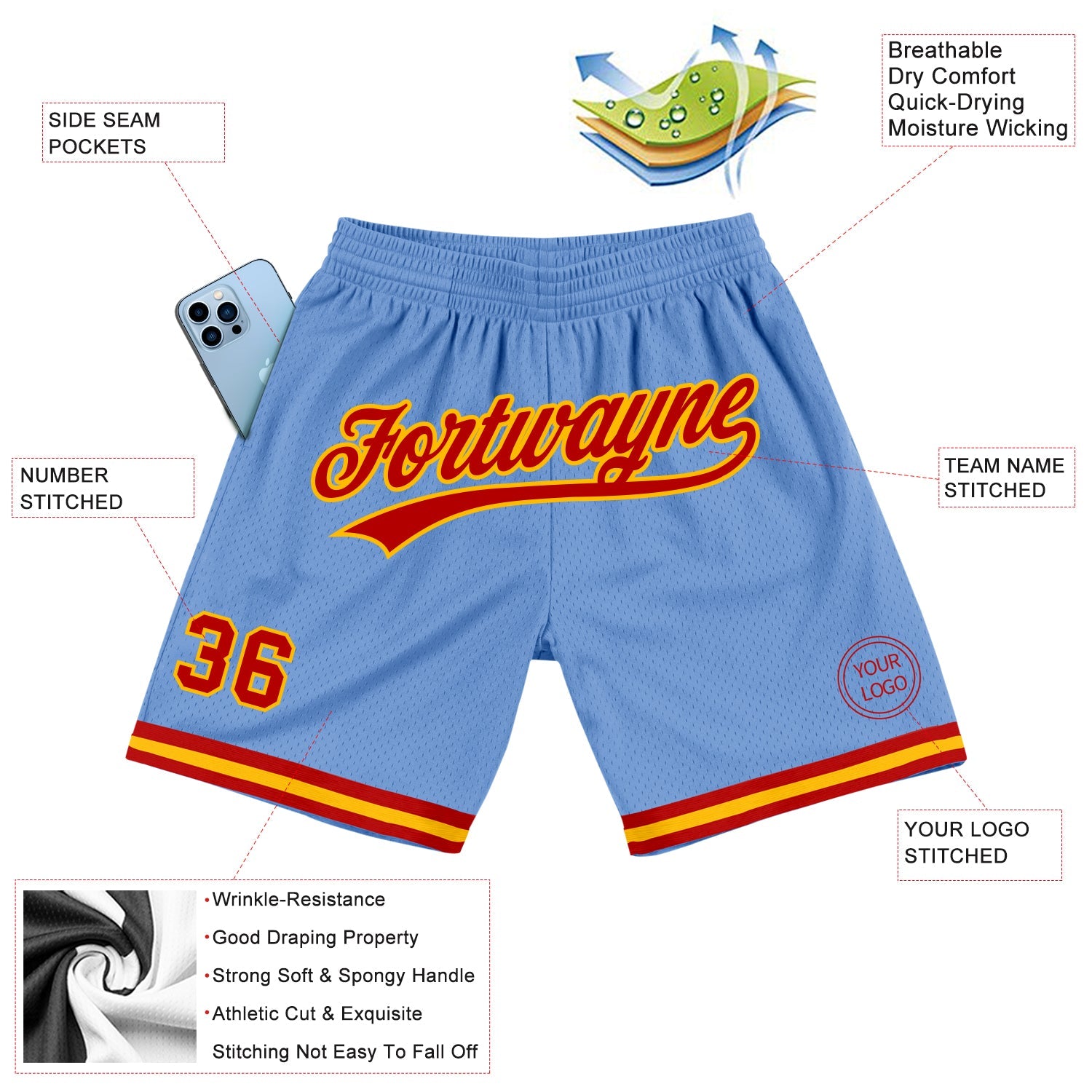 Custom Light Blue Red-Gold Authentic Throwback Basketball Shorts view 2