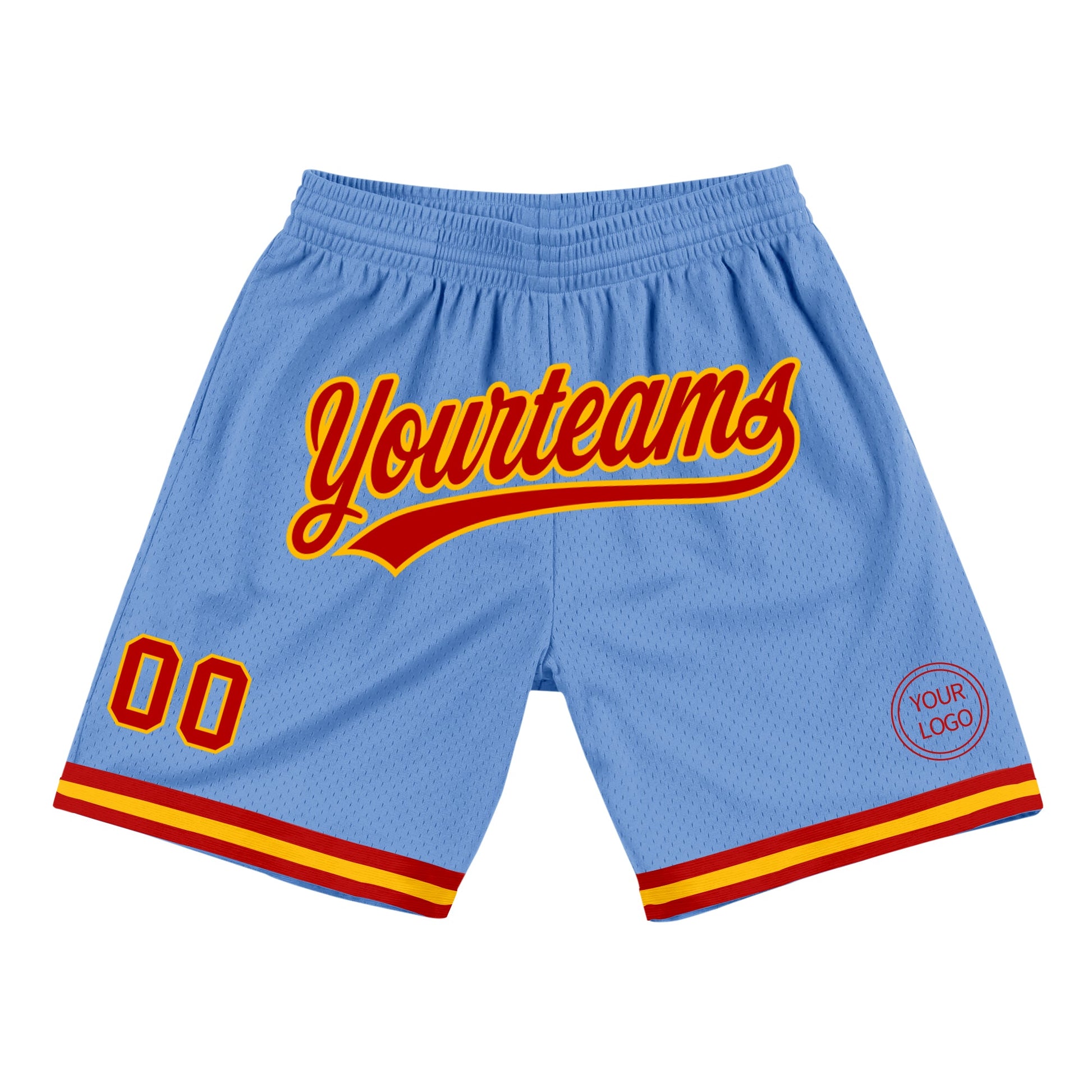 Custom Light Blue Red-Gold Authentic Throwback Basketball Shorts - Main View