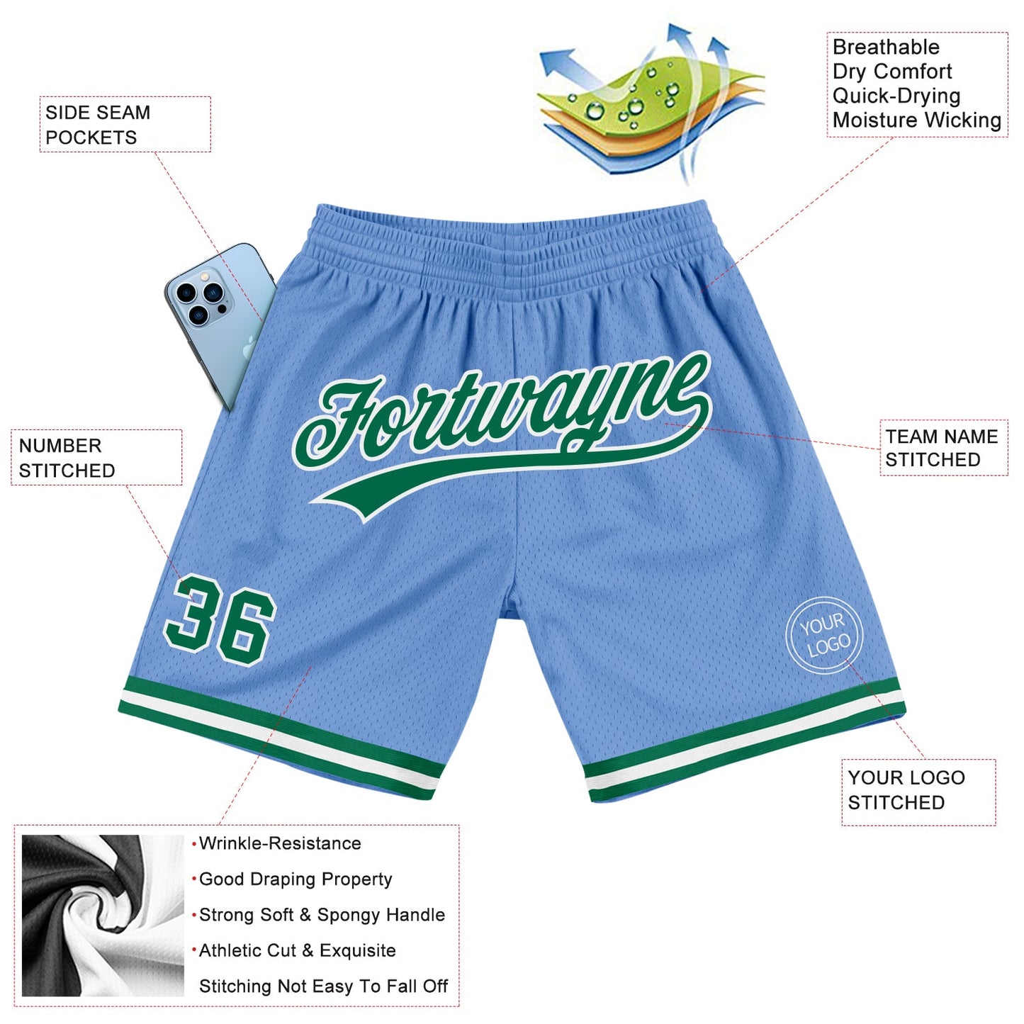 Custom Light Blue Kelly Green-White Authentic Throwback Basketball Shorts view 2