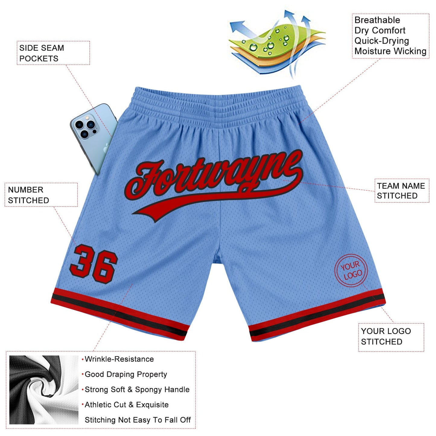 Custom Light Blue Red-Black Authentic Throwback Basketball Shorts view 2