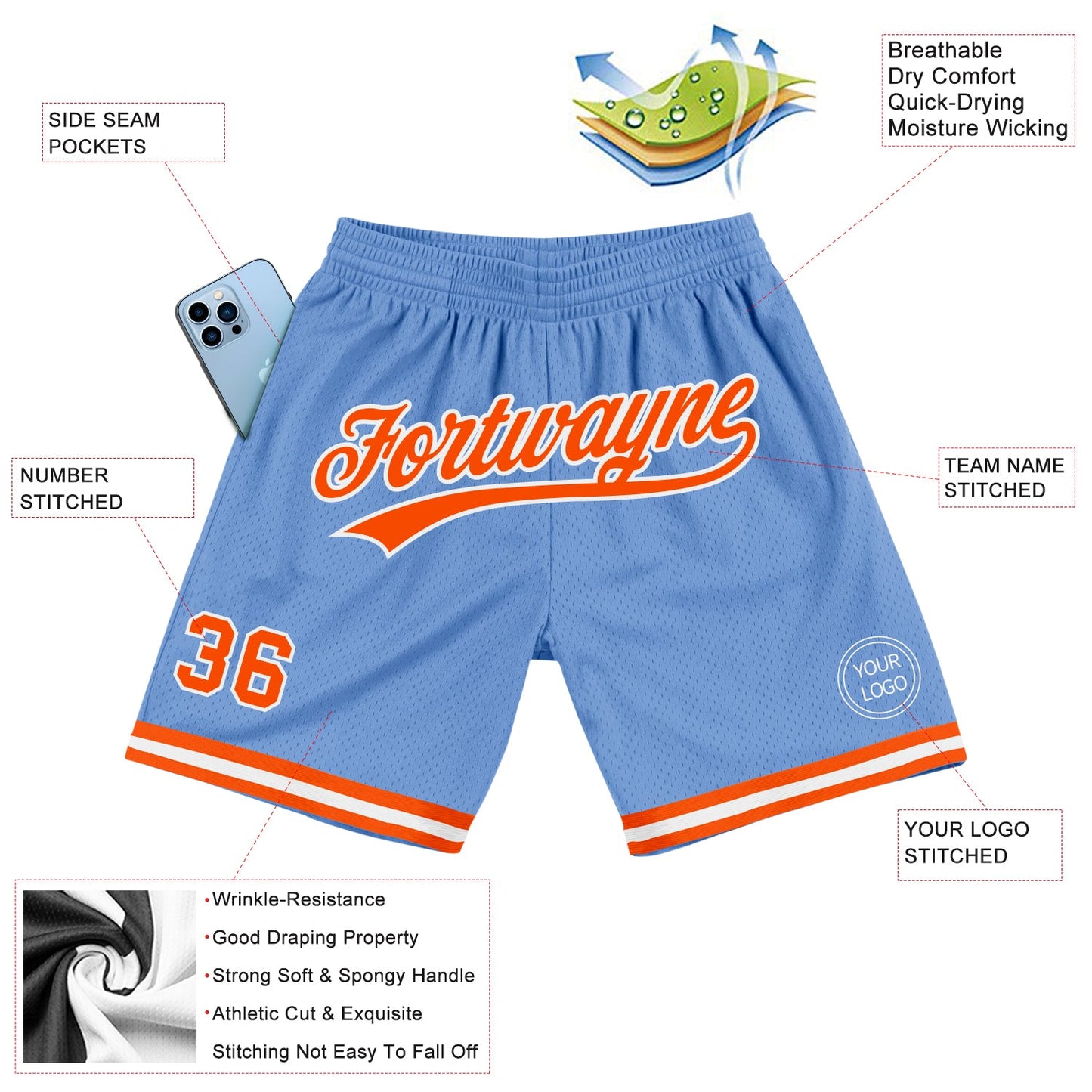Custom Light Blue Orange-White Authentic Throwback Basketball Shorts view 2