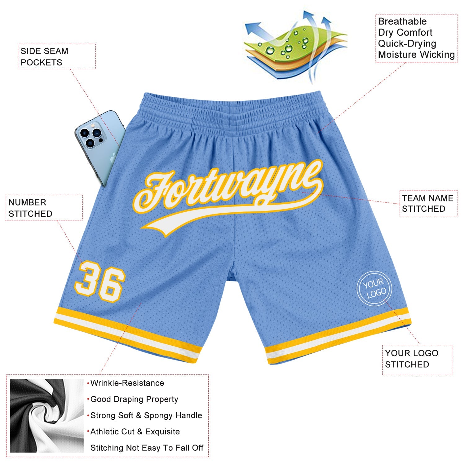 Custom Light Blue White-Gold Authentic Throwback Basketball Shorts view 2