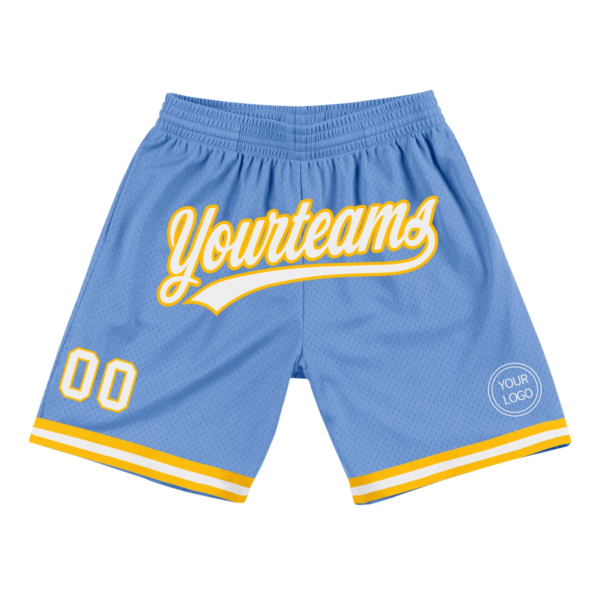 Custom Light Blue White-Gold Authentic Throwback Basketball Shorts - Main View