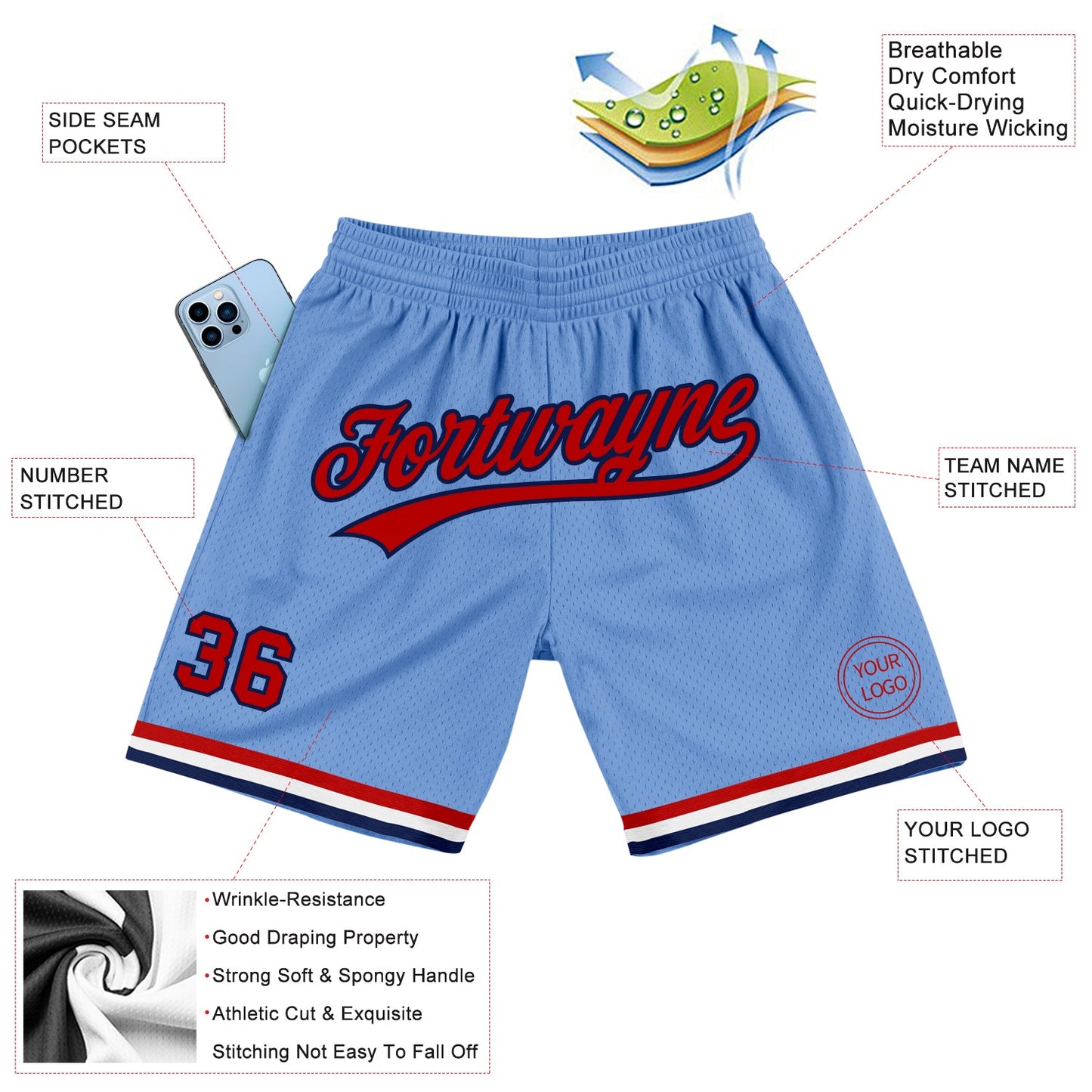 Custom Light Blue Red-Navy Authentic Throwback Basketball Shorts view 2