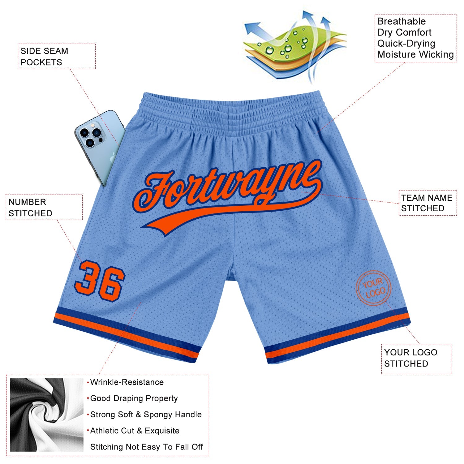 Custom Light Blue Orange-Royal Authentic Throwback Basketball Shorts view 2