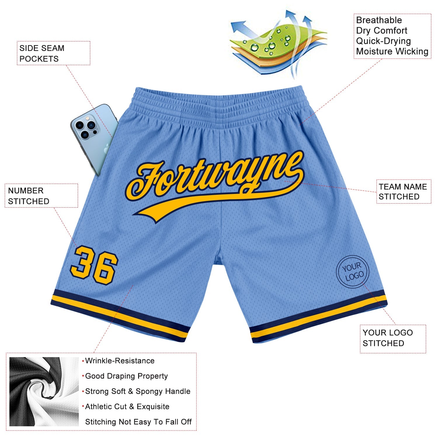 Custom Light Blue Gold-Navy Authentic Throwback Basketball Shorts view 2