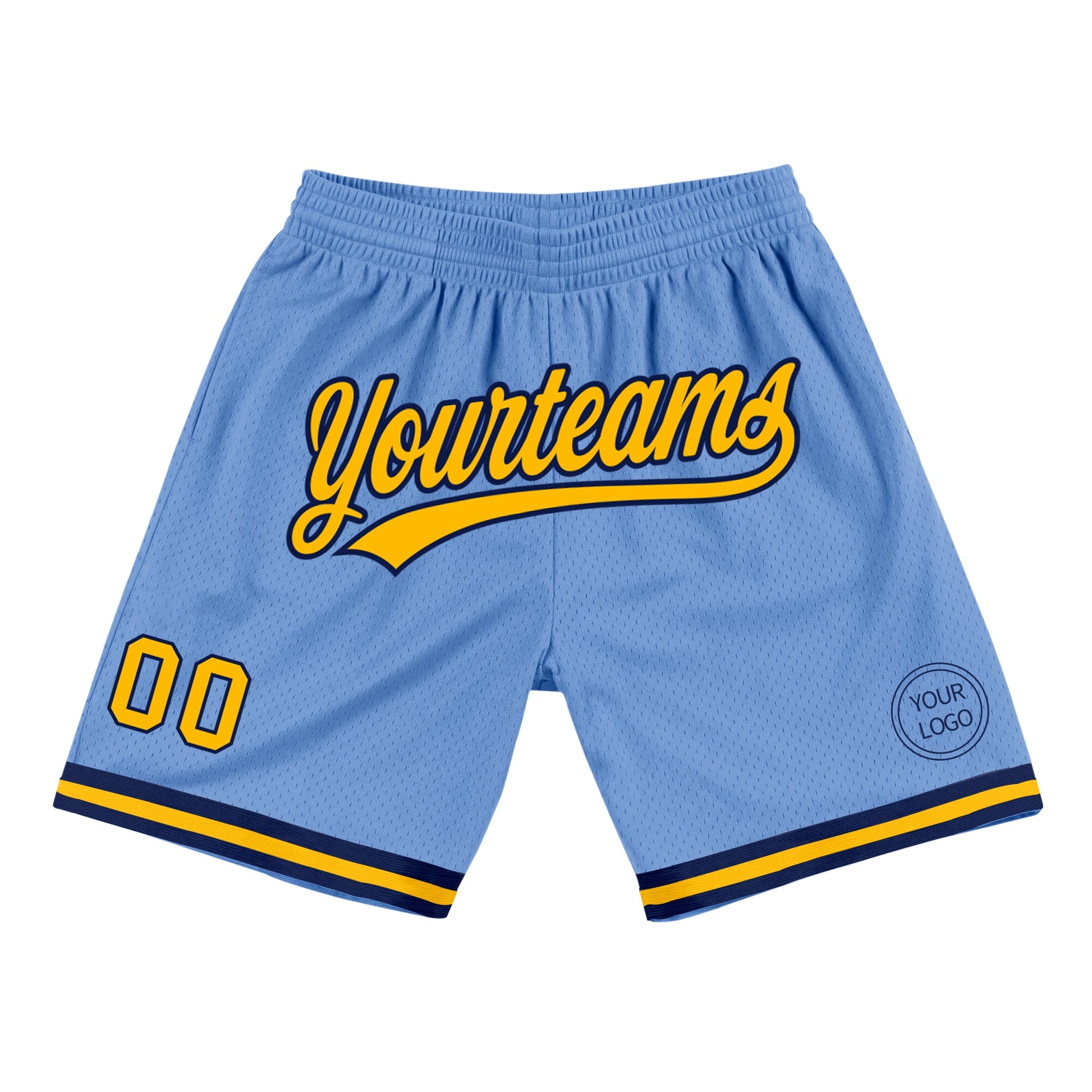 Custom Light Blue Gold-Navy Authentic Throwback Basketball Shorts - Main View