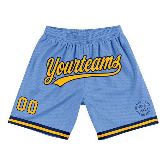 Custom Light Blue Gold-Navy Authentic Throwback Basketball Shorts - Main View