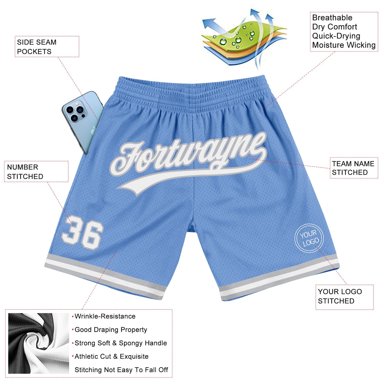 Custom Light Blue White-Gray Authentic Throwback Basketball Shorts view 2