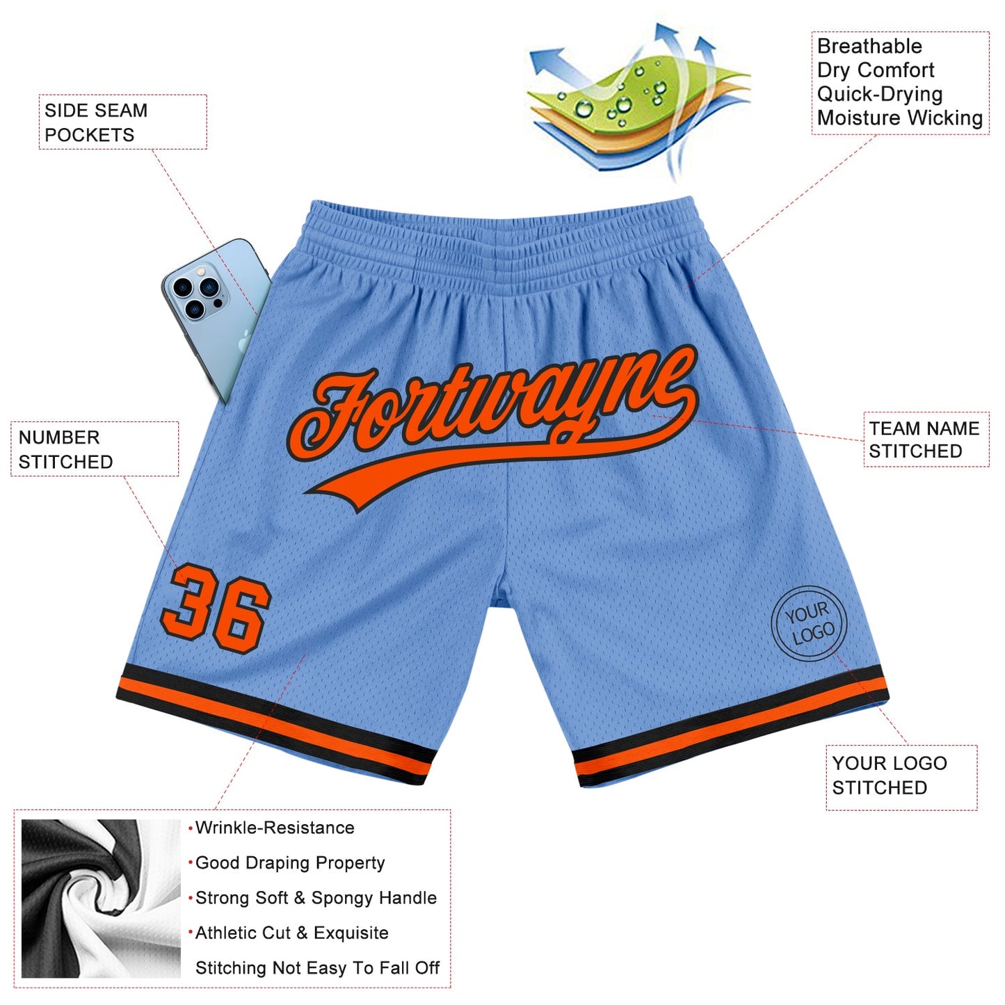 Custom Light Blue Orange-Black Authentic Throwback Basketball Shorts view 2