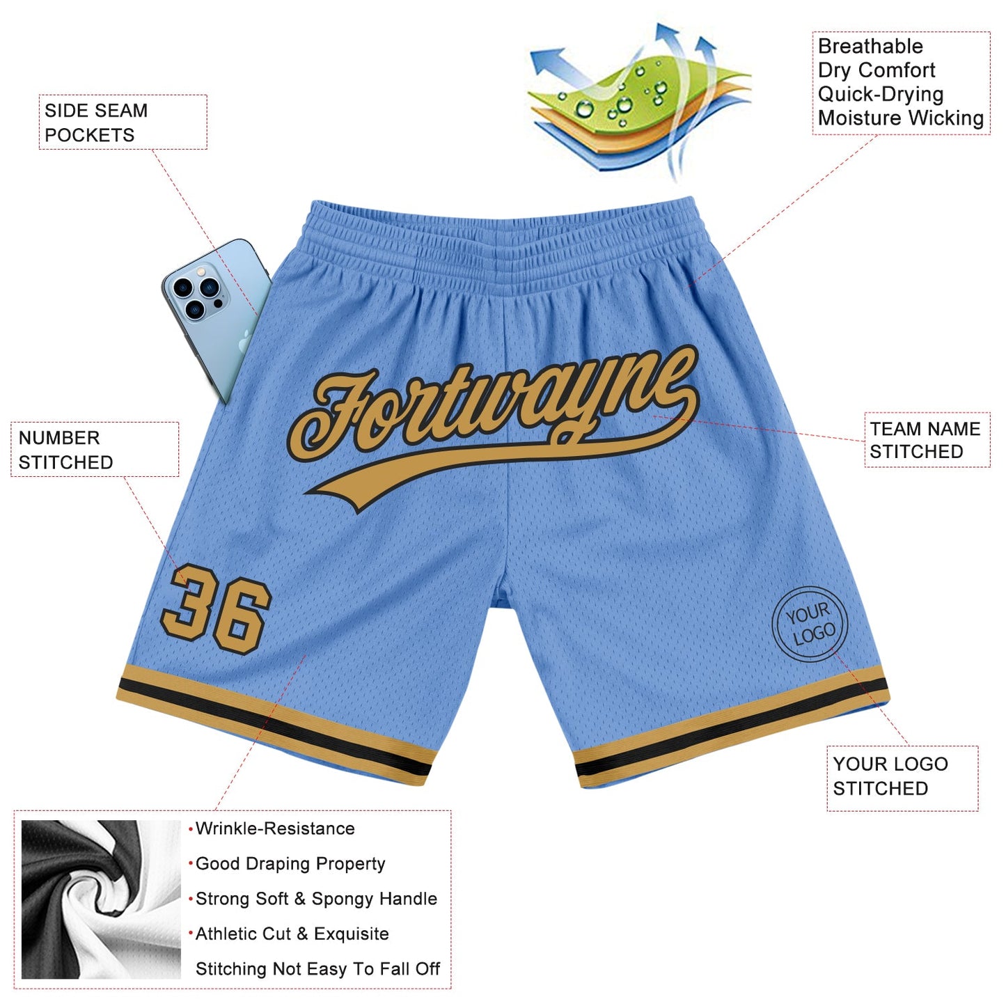 Custom Light Blue Old Gold-Black Authentic Throwback Basketball Shorts view 2
