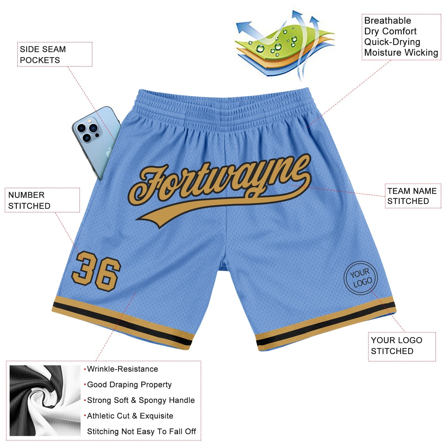 Custom Light Blue Old Gold-Black Authentic Throwback Basketball Shorts view 2