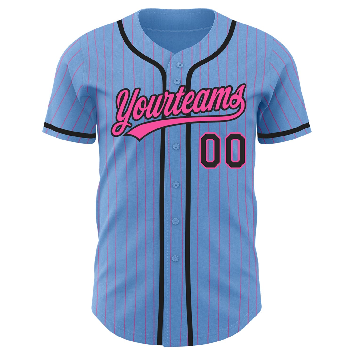 Custom Light Blue Pink Pinstripe Black Authentic Baseball Jersey view 2