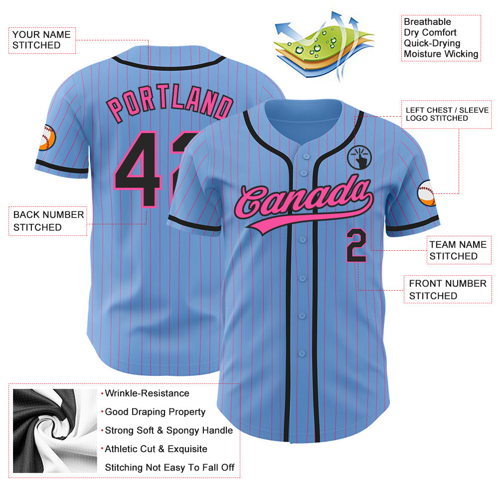 Custom Light Blue Pink Pinstripe Black Authentic Baseball Jersey view 3