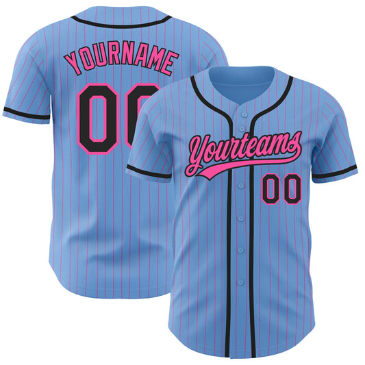 Custom Light Blue Pink Pinstripe Black Authentic Baseball Jersey - Main View