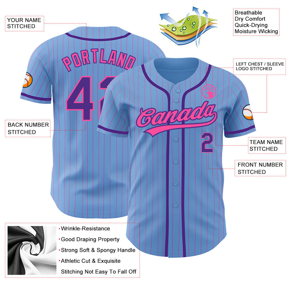 Custom Light Blue Pink Pinstripe Purple Authentic Baseball Jersey view 3