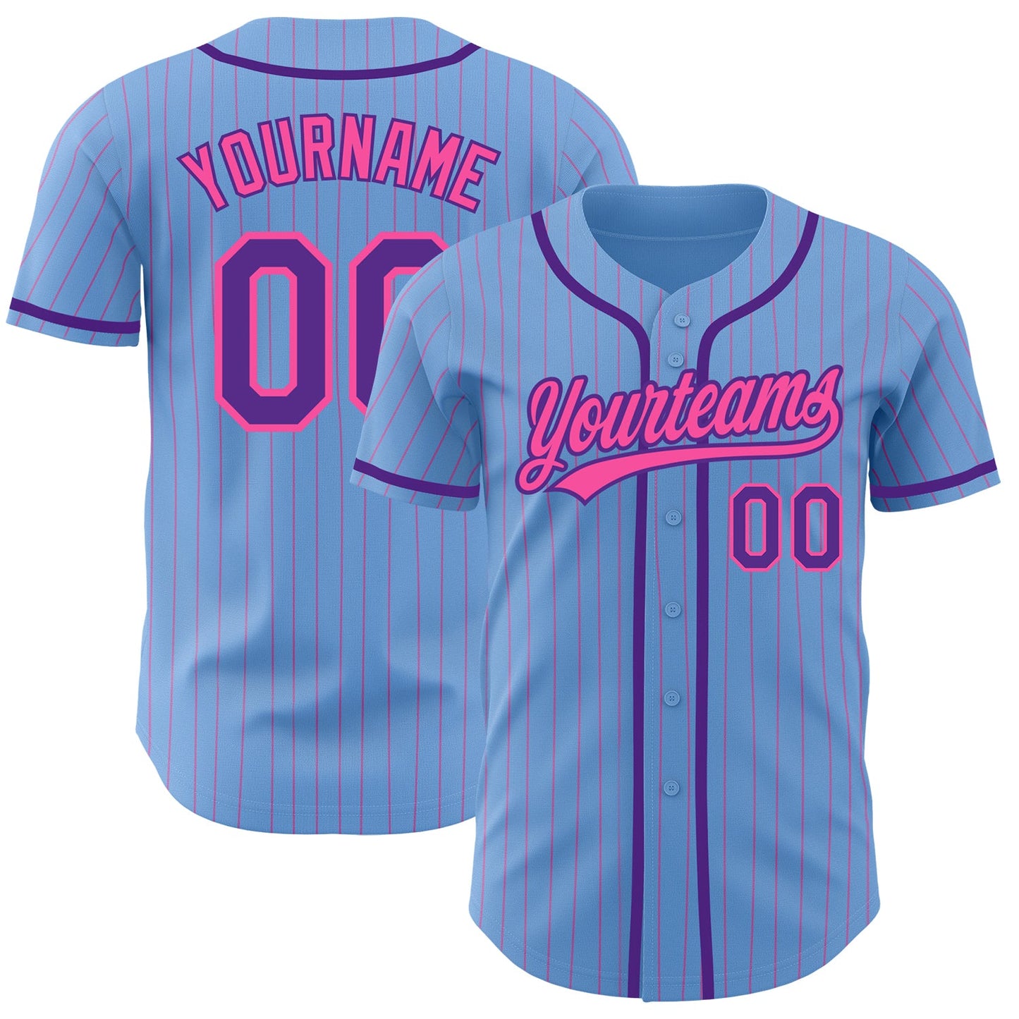 Custom Light Blue Pink Pinstripe Purple Authentic Baseball Jersey - Main View