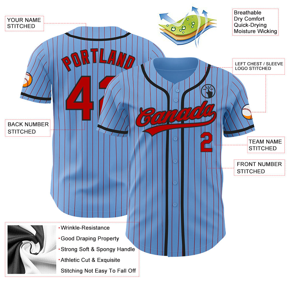 Custom Light Blue Red Pinstripe Black Authentic Baseball Jersey view 3