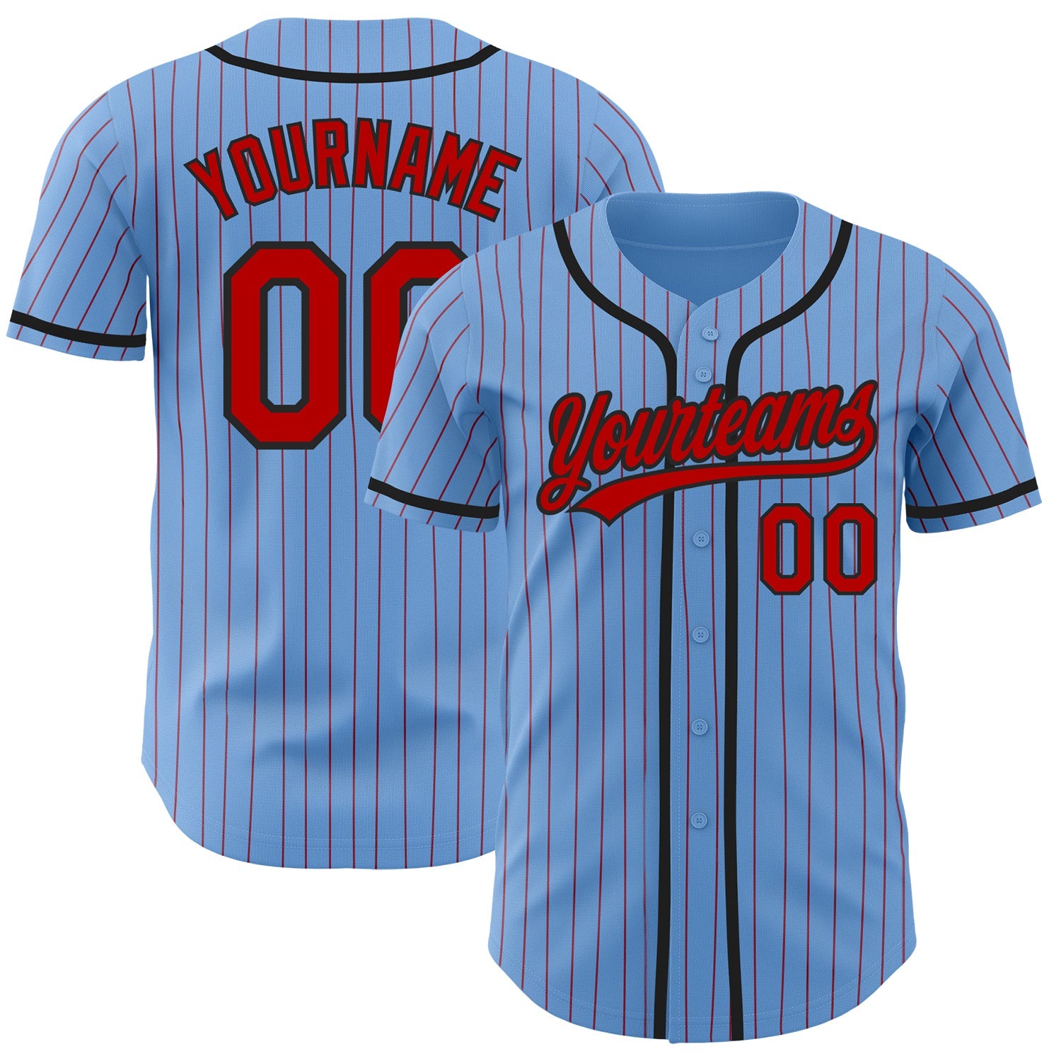 Custom Light Blue Red Pinstripe Black Authentic Baseball Jersey - Main View