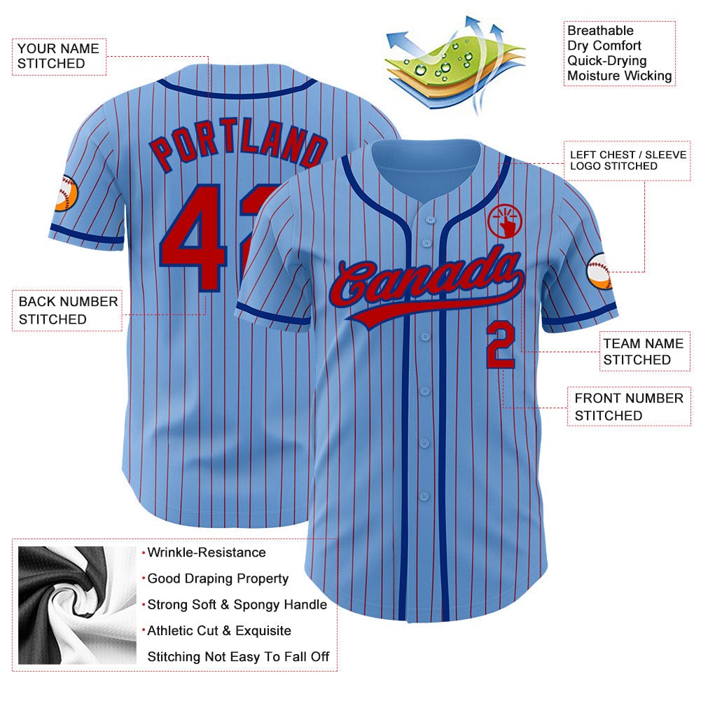 Custom Light Blue Red Pinstripe Royal Authentic Baseball Jersey view 3