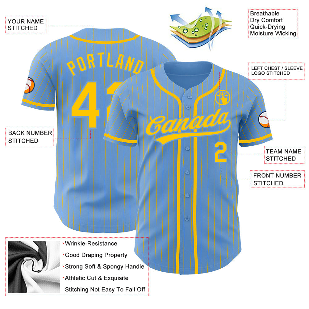Custom Light Blue Yellow Pinstripe Yellow Authentic Baseball Jersey view 3