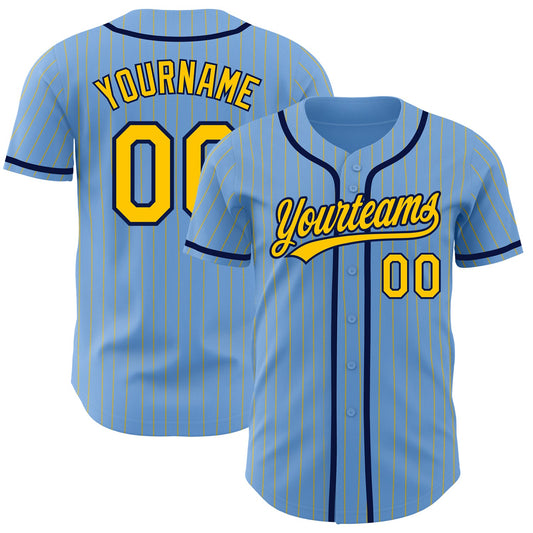 Custom Light Blue Yellow Pinstripe Navy Authentic Baseball Jersey - Main View