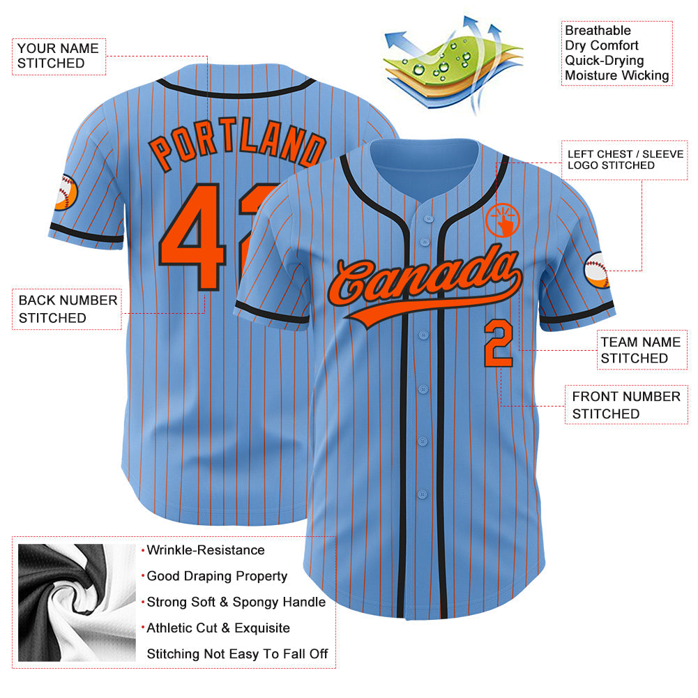 Custom Light Blue Orange Pinstripe Black Authentic Baseball Jersey view 3