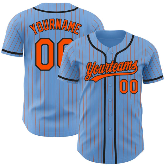 Custom Light Blue Orange Pinstripe Black Authentic Baseball Jersey - Main View