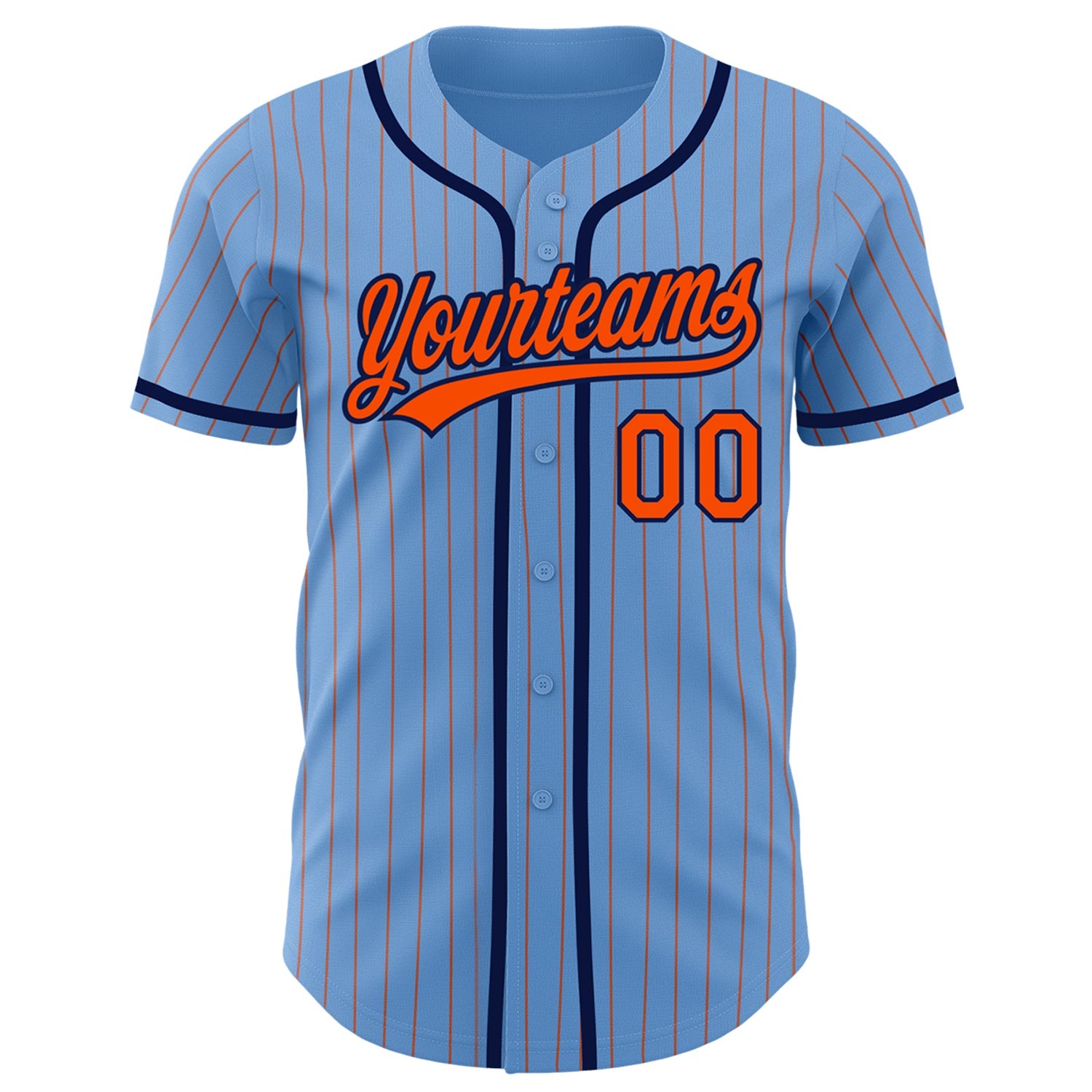 Custom Light Blue Orange Pinstripe Navy Authentic Baseball Jersey view 2