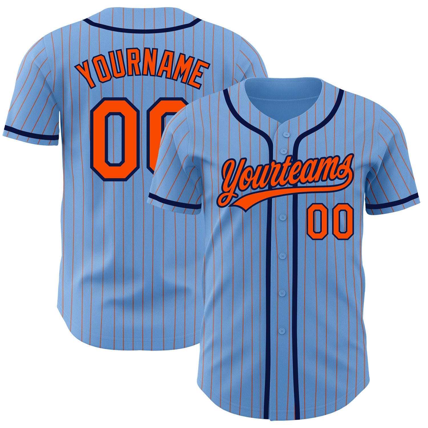 Custom Light Blue Orange Pinstripe Navy Authentic Baseball Jersey - Main View