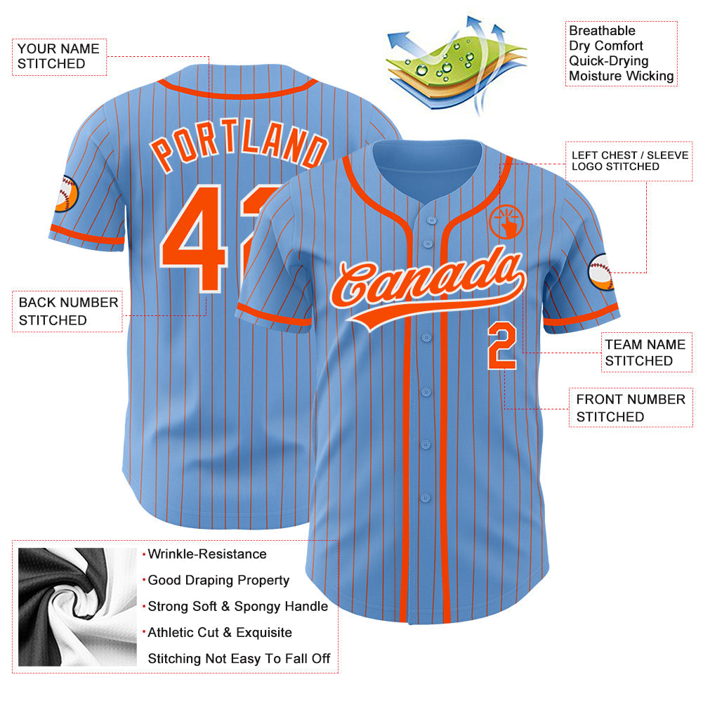 Custom Light Blue Orange Pinstripe White Authentic Baseball Jersey view 3