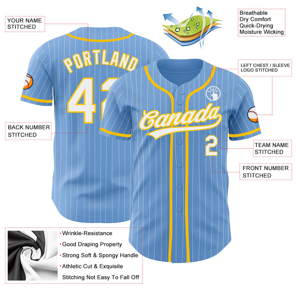 Custom Light Blue White Pinstripe Yellow Authentic Baseball Jersey view 3