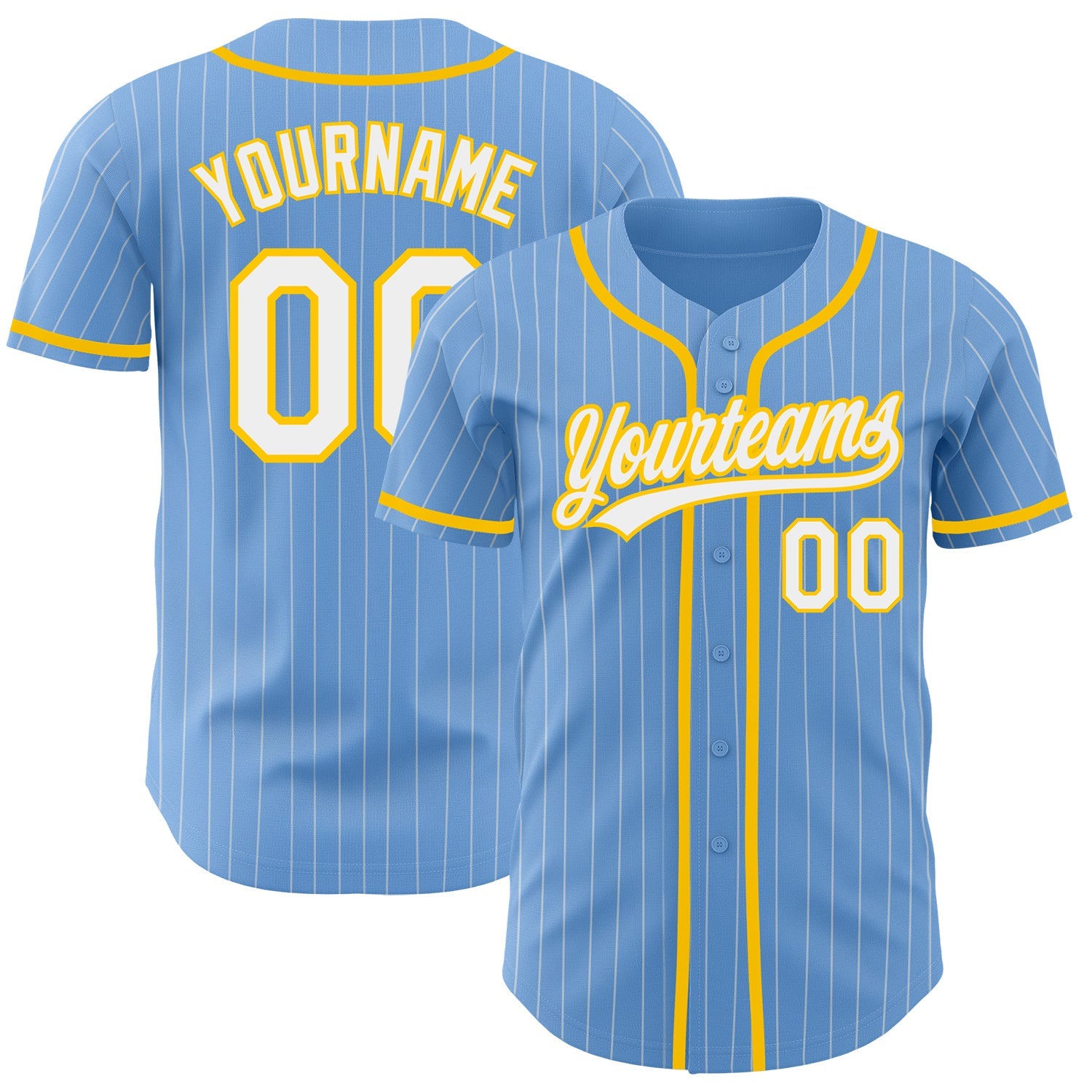 Custom Light Blue White Pinstripe Yellow Authentic Baseball Jersey - Main View