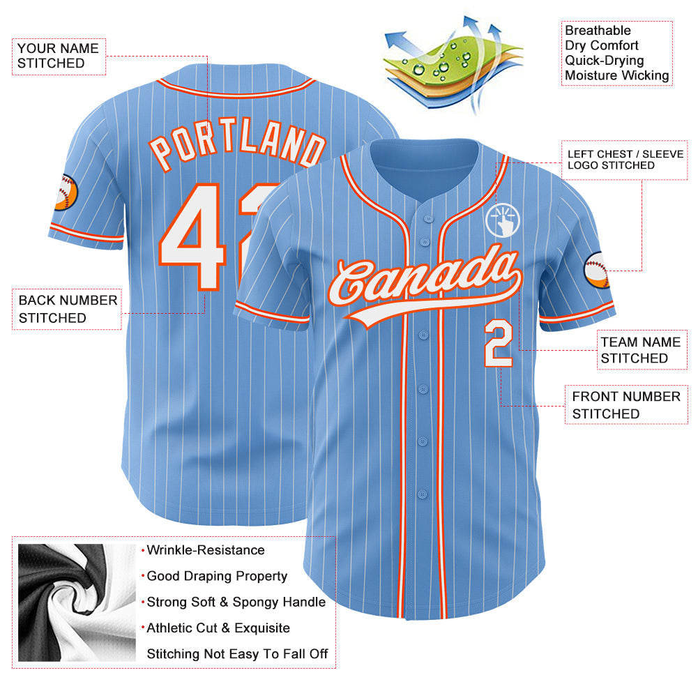 Custom Light Blue White Pinstripe Orange Authentic Baseball Jersey view 3