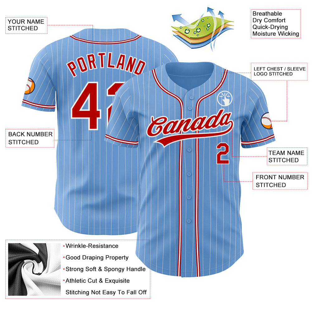 Custom Light Blue White Pinstripe Red Authentic Baseball Jersey view 3
