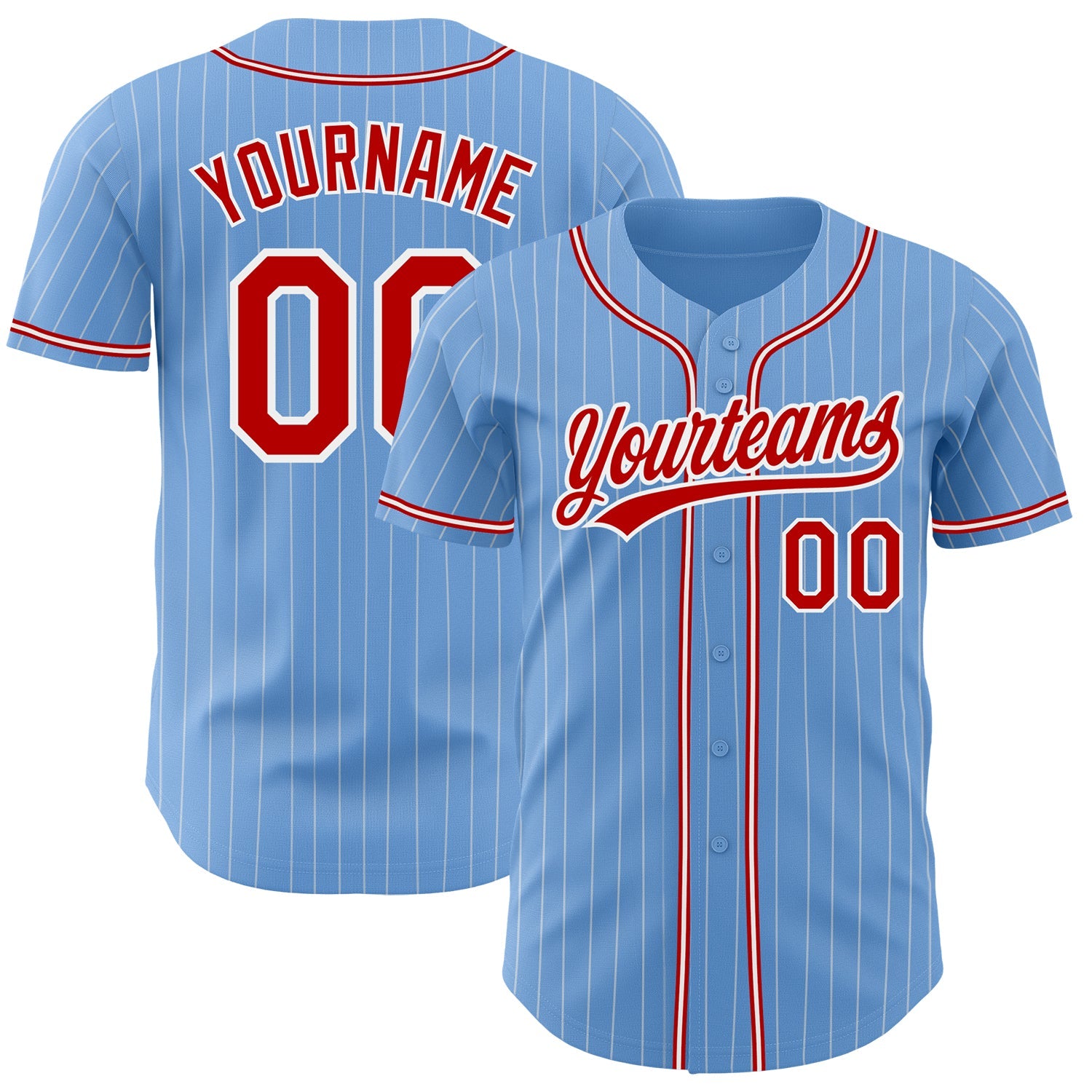 Custom Light Blue White Pinstripe Red Authentic Baseball Jersey - Main View