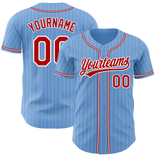 Custom Light Blue White Pinstripe Red Authentic Baseball Jersey - Main View