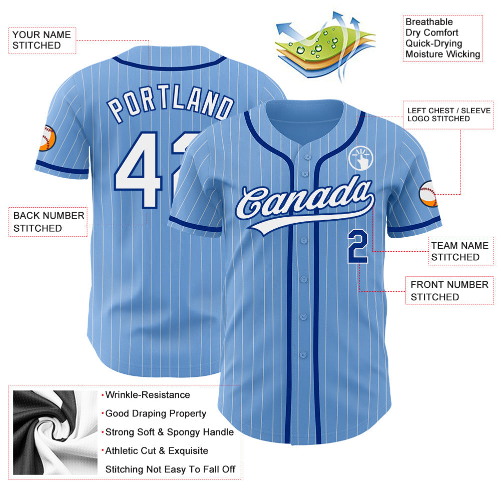 Custom Light Blue White Pinstripe Royal Authentic Baseball Jersey view 3